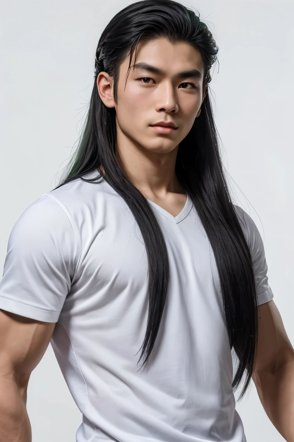 (Best quality, masterpiece), 1 boy, (simple white background: 1.2), black and green hair, ancient Chinese handsome, upper body, ID photo, close-up, long hair,