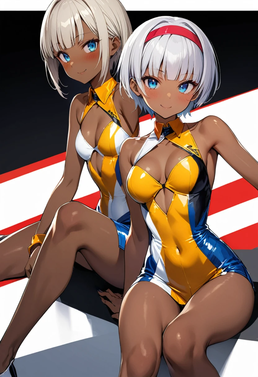 16k works,Highest quality,18-year-old,No background.White background only,whole body、sexy, One person, Beautiful Face,, Symmetrical eyes, Perfect body, Good balance、 Perfect body,Beautiful silver hair、((((Very short hair))))、blue eyes、(hair band)、Blunt bangs, Race Queen、 (((Dark skinned women, Sunburned))), (((skinny))),Tight waist、smile、sit