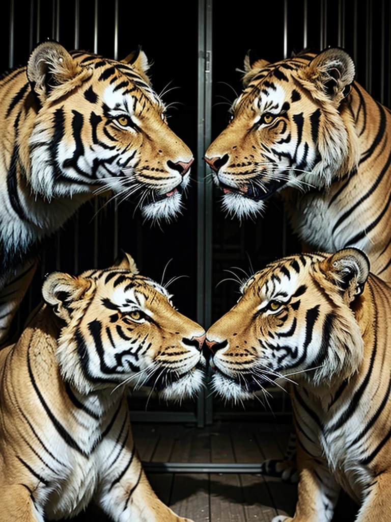 Pair of a female tiger 1.50 meters high and 2.8 meters long and a male lion of 1.60 tall and 2.9 meters long length. Together in a big cage. The male lion licking the fur of the female tiger