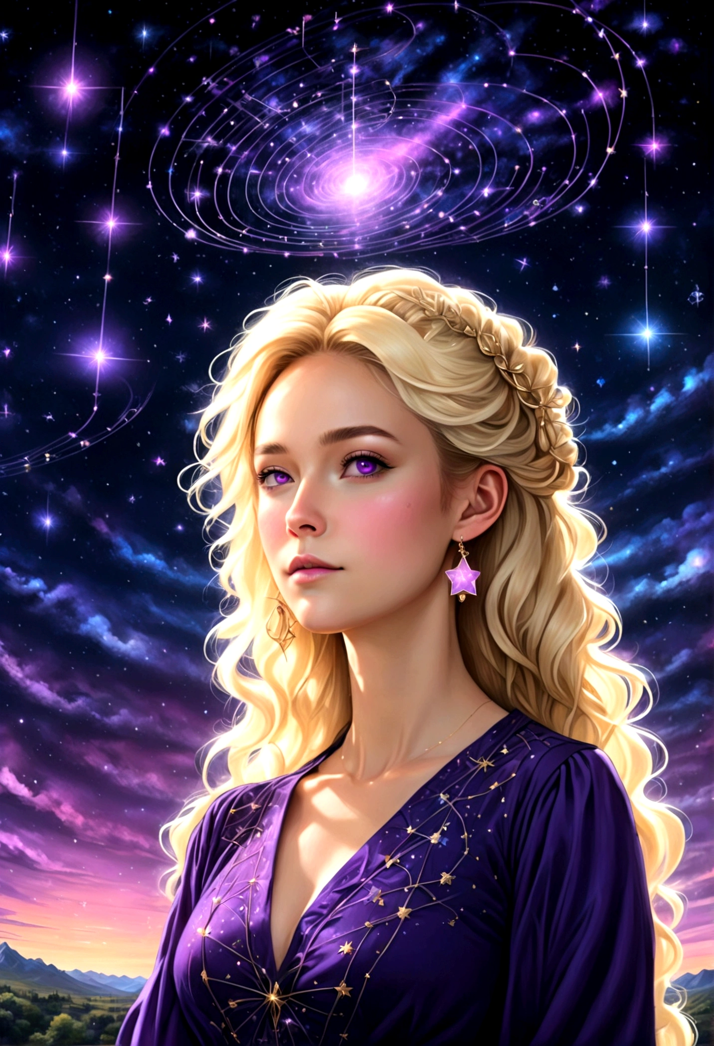 a portrait of an astrologer looking to the sky at libra constellation in the night sky, an extraordinary beautiful woman, there is magic in her eyes divining the future from the Libra constellation, blond hair, dynamic hair style, (best detailed face: 1.5), wearing an intricate dark purple dress decorated with glowing stars, she looks to the night sky seeing the ((Libra constellation in the sky: 1.5)), vibrant, Ultra-high resolution, High Contrast, (masterpiece:1.5), highest quality, Best aesthetics), best details, best quality, highres, 16k, [ultra detailed], masterpiece, best quality, (extremely detailed), Cinematic Hollywood Film, magical sky, FireMagicAI, dark novel