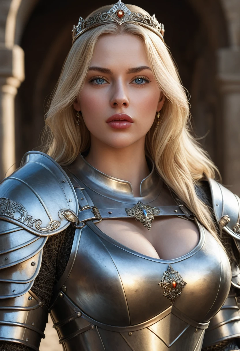 1 woman, medieval, queen, Caucasian, light skin, blue eyes, plump lips, absolutely beautiful face, large breasts, cleavage, wide hips, elegant battle armour, heavy cleavage, straight blonde hair, detailed skin, skin detail, (best quality,4k,8k,highres,masterpiece:1.2),ultra-detailed,(realistic,photorealistic,photo-realistic:1.37),dramatic lighting, surprised face 