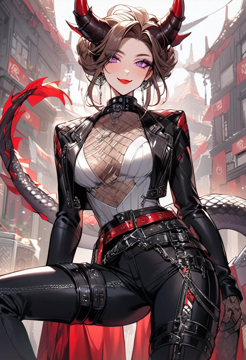 Tall woman, cheeky mad smile, brunette, hair gathered in a low bun, red and black tight clothes with open chest, purple eyes, dragon tail and horns, belts, pants, many details, light lipstick