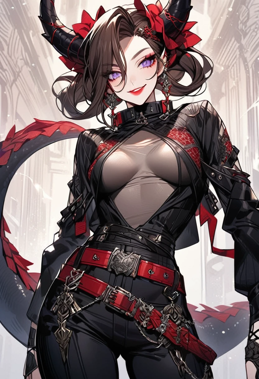 Tall woman, cheeky mad smile, brunette, hair gathered in a low bun, red and black tight clothes with open chest, purple eyes, dragon tail and horns, belts, pants, many details, light lipstick