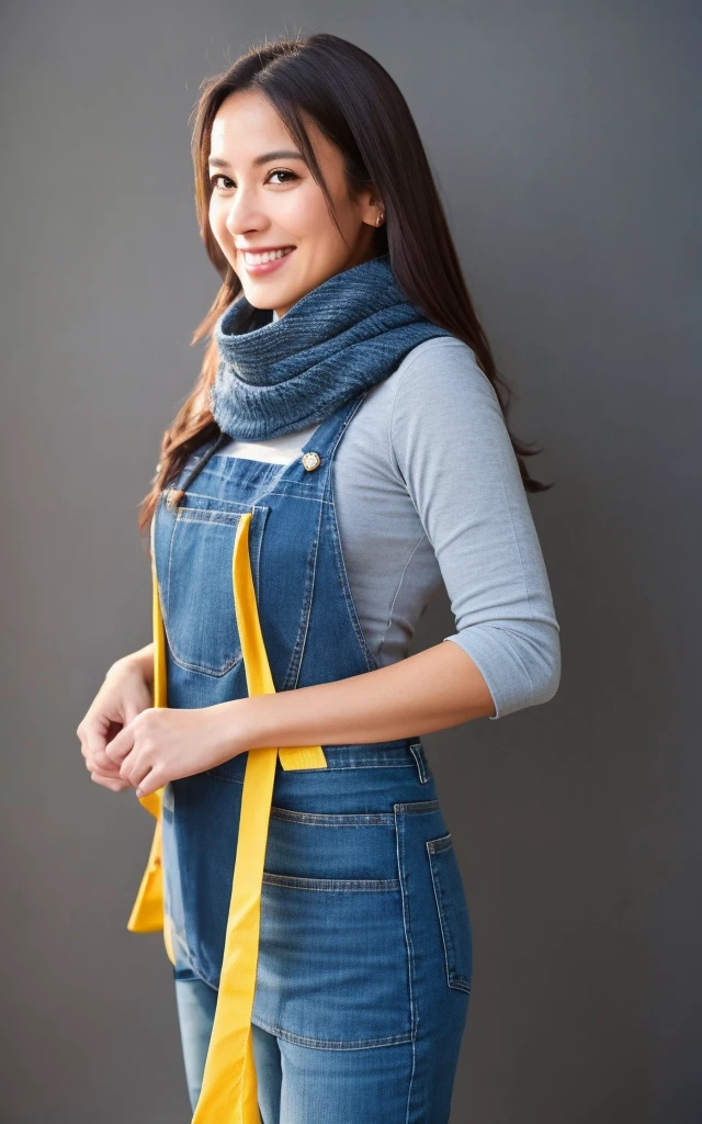 Mary, Female Gender, Brazilian, 35 year old, dark brown straight hair, captivating but modest smile, Holds a squeegee with cloth in your left hand while your right hand wipes away sweat after removing dirt from the environment. She is wearing dark blue jeans, a yellow apron tied around her waist and a scarf holding her hair. The dark gray background of the photo highlights your profile High quality hyper-realistic image, 8k Ultra HD