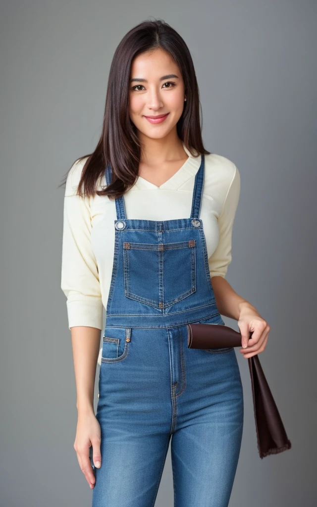 Mary, Female Gender, Brazilian, 35 year old, dark brown straight hair, captivating but modest smile, Holds a squeegee with cloth in your left hand while your right hand wipes away sweat after removing dirt from the environment. She is wearing dark blue jeans, a yellow apron tied around her waist and a scarf holding her hair. The dark gray background of the photo highlights your profile High quality hyper-realistic image, 8k Ultra HD