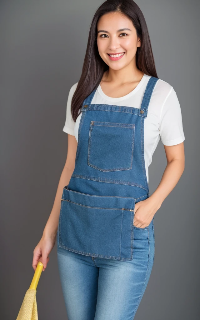 Mary, Female Gender, Brazilian, 35 year old, dark brown straight hair, captivating but modest smile, Holds a squeegee with cloth in your left hand while your right hand wipes away sweat after removing dirt from the environment. She is wearing dark blue jeans, a yellow apron tied around her waist and a scarf holding her hair. The dark gray background of the photo highlights your profile High quality hyper-realistic image, 8k Ultra HD