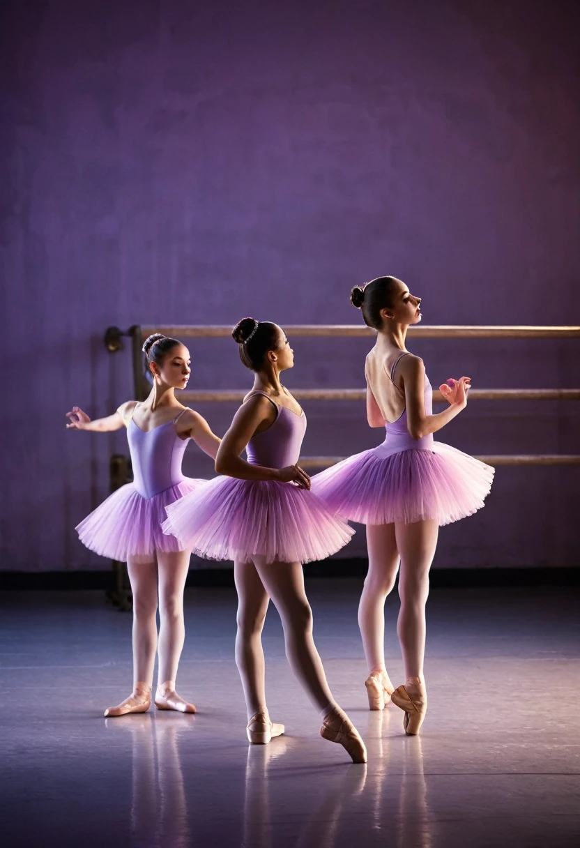 The poster captures a poignant moment in a dimly lit ballet studio. Three age ballerinas, each with a distinct presence and expression, are depicted mid-performance. expression, are depicted mid-performance. They wear traditional ballet attire on the color of lavender and pink, their delicate costumes softly illuminated by a single spotlight casting gentle shadows around them.

The backdrop of the studio is softly blurred, focusing attention on the dancers and their emotional performance. The studio's ambiance is tranquil yet evocative, enhanced by the soft glow of overhead lights that bathe the scene in a gentle, melancholic
hue.

Please make it aesthetic, coquette style 