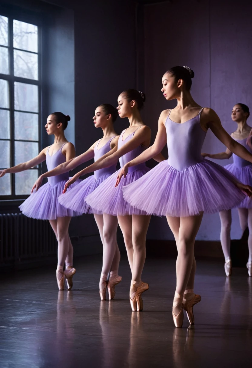 The poster captures a poignant moment in a dimly lit ballet studio. Three teenage ballerinas, each with a distinct presence and expression, are depicted mid-performance. expression, are depicted mid-performance. They wear traditional ballet attire on the color of lavender and pink, their delicate costumes softly illuminated by a single spotlight casting gentle shadows around them.
The backdrop of the studio is softly blurred, focusing attention on the dancers and their emotional performance. The studio's ambiance is tranquil yet evocative, enhanced by the soft glow of overhead lights that bathe the scene in a gentle, melancholic
hue.
Please make it aesthetic, coquette style