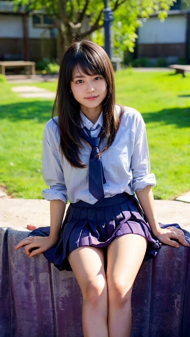 ((((detailed explanation)))),(((masterpiece、Highest quality、Very detailed:1.42、Focus on the eyes)))、Japanese high school girl posing in the schoolyard in the evening。She is wearing a white shirt and a navy blue pleated skirt.、wearing a red ribbon tie。The shirt is clean、Well ironed。Shirt sleeves rolled up slightly to the elbows、A simple silver bracelet shines on her wrist.。The skirt of the uniform is above the knee、The pleats on the skirt are neatly arranged。

The model has naturally straight, shoulder-length black hair.、Bangs should be slightly over the eyebrows。Her hair is bathed in the sunlight、Soft and shining。His face is well-formed.、大きな瞳はShe has a pure and bright expression.。Her skin is translucently white、The slightly reddish cheeks give a healthy impression.。唇は自然なpink色で、When you smile, small dimples appear。

In the background is a large schoolyard.、You can see some rusty iron bars and playground equipment.。The sky is dyed with the sunset、orange、pink、The purple gradation spreads beautifully.。There is a large cherry blossom tree behind the model.、The leaves are swaying in the wind。There are some weeds growing at my feet.、Gives a sense of reality。

The lighting is soft and natural, gently enveloping the model.、Warm hues illuminate her face and uniform.。She has a natural smile、Her left hand is lightly lifting the edge of her skirt。The right hand is placed on the hip、The pose is relaxed yet somewhat confident.。Her eyes are on the camera、She has a pure and bright expression.。

Overall、A fusion of the freshness of youth and the calm atmosphere of the evening.、The aim is to create an elegant yet approachable photographic image.。
