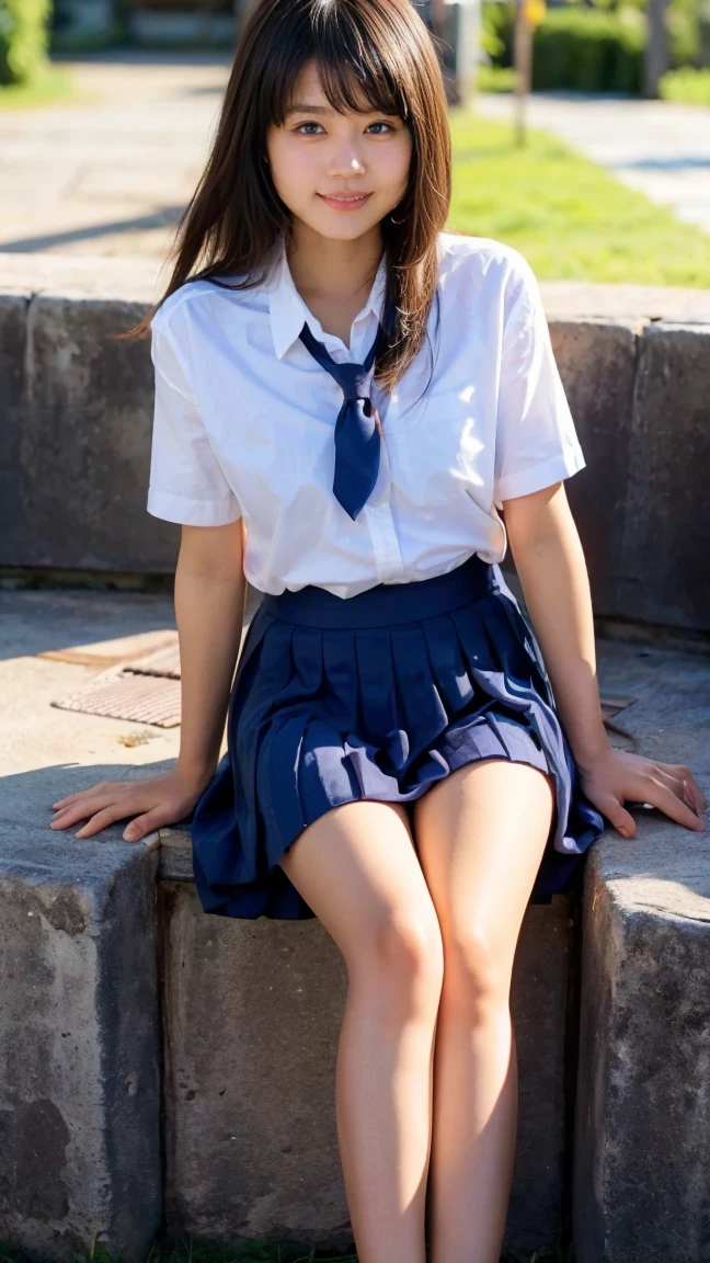 ((((detailed explanation)))),(((masterpiece、Highest quality、Very detailed:1.42、Focus on the eyes)))、Japanese high school girl posing in the schoolyard in the evening。She is wearing a white shirt and a navy blue pleated skirt.、wearing a red ribbon tie。The shirt is clean、Well ironed。Shirt sleeves rolled up slightly to the elbows、A simple silver bracelet shines on her wrist.。The skirt of the uniform is above the knee、The pleats on the skirt are neatly arranged。

The model has naturally straight, shoulder-length black hair.、Bangs should be slightly over the eyebrows。Her hair is bathed in the sunlight、Soft and shining。His face is well-formed.、大きな瞳はShe has a pure and bright expression.。Her skin is translucently white、The slightly reddish cheeks give a healthy impression.。唇は自然なpink色で、When you smile, small dimples appear。

In the background is a large schoolyard.、You can see some rusty iron bars and playground equipment.。The sky is dyed with the sunset、orange、pink、The purple gradation spreads beautifully.。There is a large cherry blossom tree behind the model.、The leaves are swaying in the wind。There are some weeds growing at my feet.、Gives a sense of reality。

The lighting is soft and natural, gently enveloping the model.、Warm hues illuminate her face and uniform.。She has a natural smile、Her left hand is lightly lifting the edge of her skirt。The right hand is placed on the hip、The pose is relaxed yet somewhat confident.。Her eyes are on the camera、She has a pure and bright expression.。

Overall、A fusion of the freshness of youth and the calm atmosphere of the evening.、The aim is to create an elegant yet approachable photographic image.。

