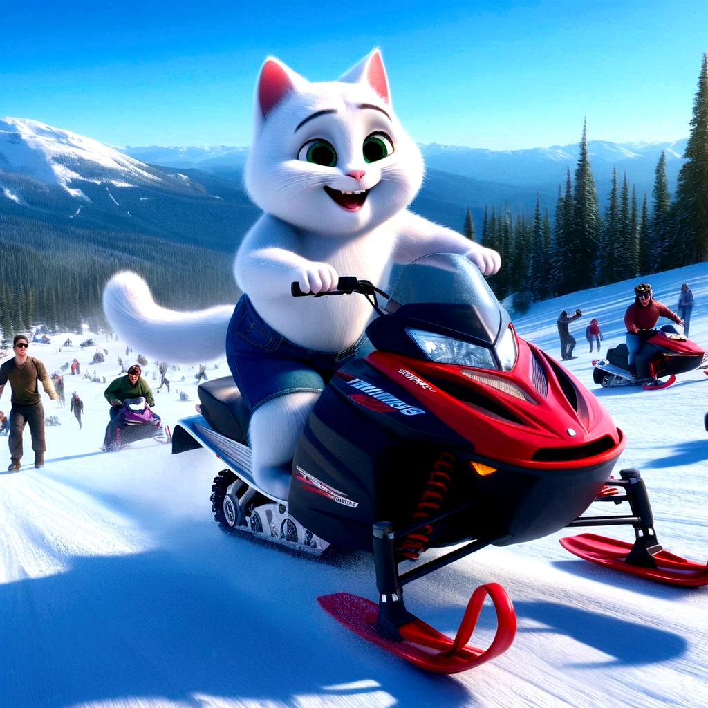 araffe on a snowmobile with people on skis in the background, new cats movie, 3 d animated movie, animated movie still, sony pictures animation, animated movie, 8 k frostbite 3 engine, animated movie scene, pepe the frog snowboarding, animated film, finnstark, 🐋 as 🐘 as 🤖 as 👽 as 🐳