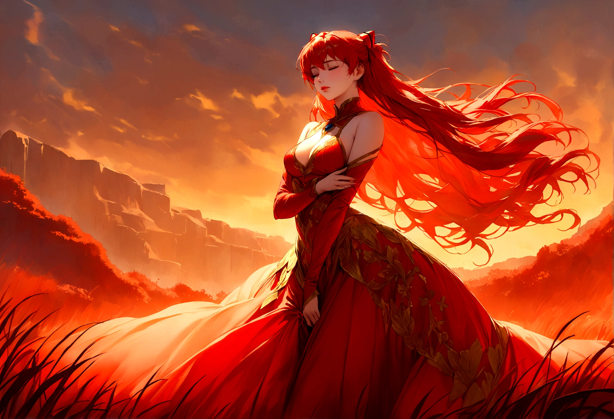 “Unconscious fire mage with Asuka Langley’s features, eyes gently closed, delicate tear tracks on her porcelain cheeks. Delicate feminine visage framed by long, flowing crimson hair. Voluptuous, curvaceous form partially visible through the tattered, ripped fabric of her medieval-style dress. Ornate golden embroidery and accents adorn the dress, giving it an imperial western aesthetic. Cradled tenderly in someone’s arms, positioned in a field of scarlet grass. Warm golden glow from the setting sun bathes the scene. Vulnerable yet powerful, a young woman of divine beauty in a moment of weakness. Highly detailed, realistic yet fantastical rendering.”

“Asuka Langley as an unconscious fire mage, eyes shut with faint tear stains on her fair complexion. Elegant facial structure, lush crimson tresses spilling out. Voluptuous yet slender form partially exposed due to rips and tears in her medieval attire. Ornate golden embroidery and accents decorate the dress, lending it an imperial western style. Resting in the embrace of a mysterious figure, surrounded by a fiery red landscape bathed in amber light. Serene, almost angelic expression despite her magical abilities. Painterly, high-detail depiction.”

“Unconscious fire mage with Asuka Langley’s youthful visage, eyes closed with delicate tear tracks. Long, flowing crimson hair frames her delicate features. Curvaceous yet slender body partially visible through the tattered, ripped fabric of her medieval-style dress. Ornate golden embroidery and accents adorn the dress, giving it an imperial western aesthetic. Cradled gently in someone’s arms, amidst a field of scarlet grass under a golden sunset sky. Vulnerable and serene, belying the immense power she commands. Highly detailed, fantastical yet realistic rendering.”