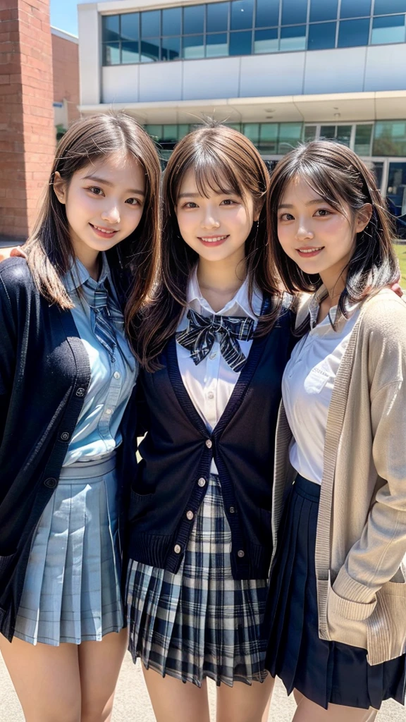 ((Highest quality、Tabletop、、Best image quality))、very saturated、(Three high school girls standing side by side:1.5)、((Uniform white shirt、Ribbon on chest、Checkered Pleated Skirt))、The happiest smile、The best smile、Smiling with teeth showing、Look at me、(Wavy Hair)、The background is a school classroom、lipstick、Perfect Makeup、Accentuate your body lines、Cleavage、(Accurate anatomy:1.3)、(Perfect Hair:1.2)、(exact cardigan:1.3)