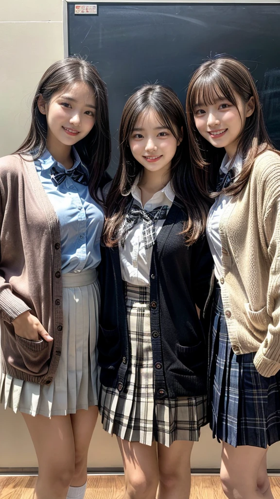 ((Highest quality、Tabletop、、Best image quality))、very saturated、(Three high school girls standing side by side:1.5)、((Uniform white shirt、Ribbon on chest、Checkered Pleated Skirt))、The happiest smile、The best smile、Smiling with teeth showing、Look at me、(Wavy Hair)、The background is a school classroom、lipstick、Perfect Makeup、Accentuate your body lines、Cleavage、(Accurate anatomy:1.3)、(Perfect Hair:1.2)、(exact cardigan:1.3)