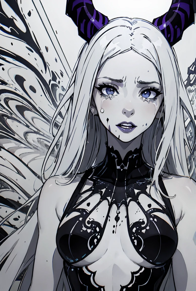 Ambilight, masterpiece, ultra-high quality, (Ultra detailed original illustration), Beautiful Girl, Upper body, Horns, ((Evil Fashion)), Crying Blood, Splash, Blood Dress, (Double Exposure, Fussion of Fluid Abstract art, Glitch, 2D), (Gothic Oiginal illustration composition),( fusion of limited color, Fractal Geometric, Web, Comic Art) , Monochrome, High contrast, Shadows,  