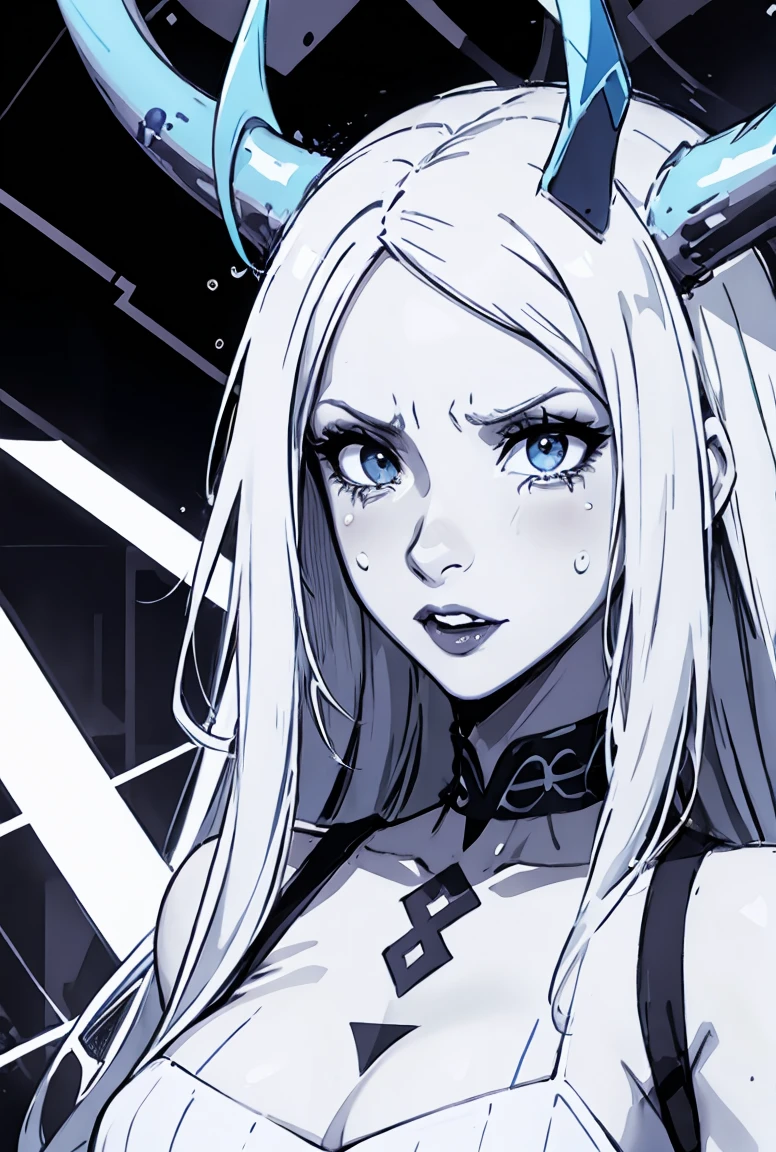 Ambilight, masterpiece, ultra-high quality, (Ultra detailed original illustration), Beautiful Girl, Upper body, Horns, ((Evil Fashion)), Crying Blood, Splash, Blood Dress, (Double Exposure, Fussion of Fluid Abstract art, Glitch, 2D), (Gothic Oiginal illustration composition),( fusion of limited color, Fractal Geometric, Web, Comic Art) , Monochrome, High contrast, Shadows,