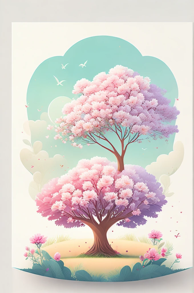 a flowering tree in a spring landscape, t shirt design, rzminjornada, vectorial art