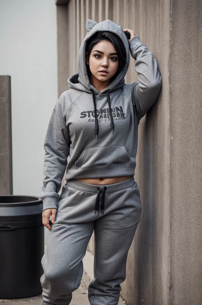 A cute zombie femboy with grey skin, a big butt, wide hips, and thick thighs. wearing a hoodie with sweatpants