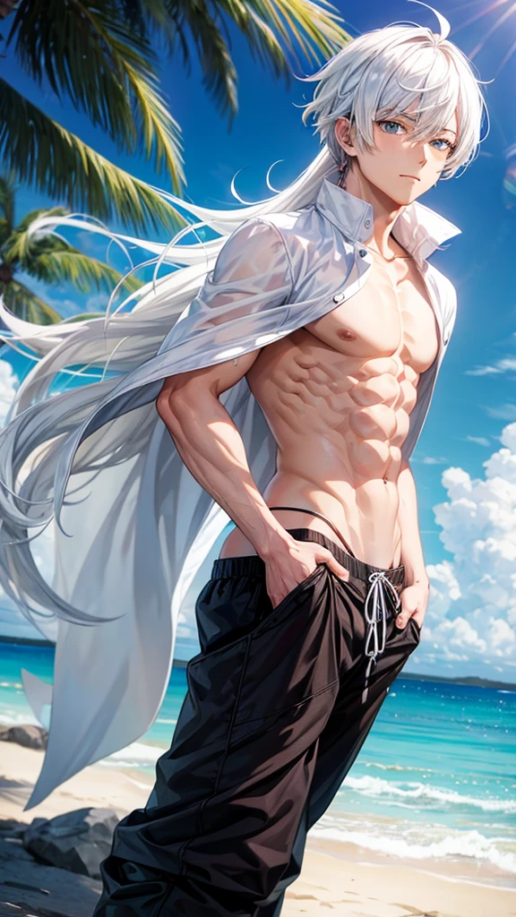 Anime guy with white hair shirtless on the beach