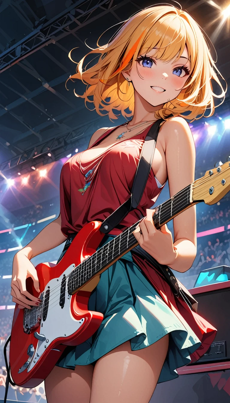 (highest quality:1.2, Very detailed, up to date, Vibrant, Ultra-high resolution, High Contrast, masterpiece:1.2, highest quality, Best aesthetics), Portraiture、girl、singer、stage、performance、Rock Music、Bright colors、Beautiful fine details、Beautiful lip detail、bob cut、purple and orange ((streaked hair)), highlights hair: 1.1, middium breast, Music band、Cheerful pose、Concert Light、Edgy Style、Tank top、Dynamic Movement、hypnotic sounds、Stadium、amplifier、Loud music、Electric guitar、yellow Fender stratcaster, Powerful vocals、Passionate performance、Sparkling stage、Concert atmosphere、Music Festival、Full of emotion、Rock star attitude、Resolute expression、Avid Fan、The presence of an attractive stage、 Expressive gestures、Rock star aura、An exciting atmosphere、Sing with all your heart、An unforgettable show。