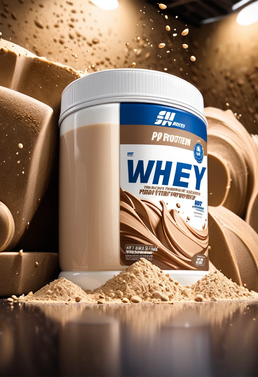 create a superb picture of a whey protein powder in a extravagant background