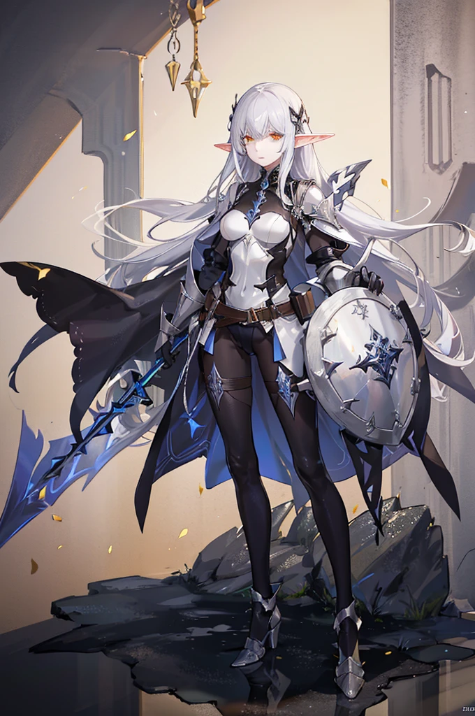 1 woman , elf, pale skin, silver hair, glowing golden eyes, muscule body, full body armor, full body, dungeon background, closed body by armor, hold a spear and shield