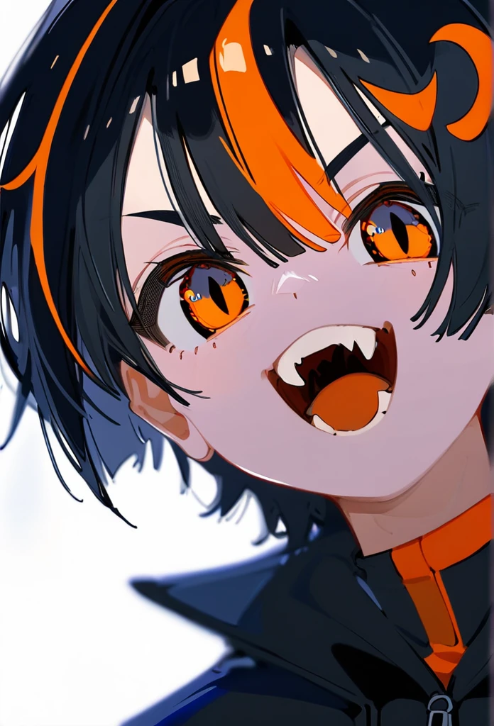 masterpiece, best quality, upper body, score_9,black hair with orange streaks,black hair,orange streaks, fangs,smile,black eyes,oversized black jacket,older woman,short hair,orange and black spraypaint background,cool pose,close up,blur,lights,effects,close up,smile with fangs,