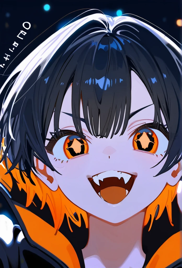 masterpiece, best quality, upper body, score_9,black hair with orange streaks,black hair,orange streaks, fangs,smile,black eyes,oversized black jacket,older woman,short hair,orange and black spraypaint background,cool pose,close up,blur,lights,effects,close up,smile with fangs,