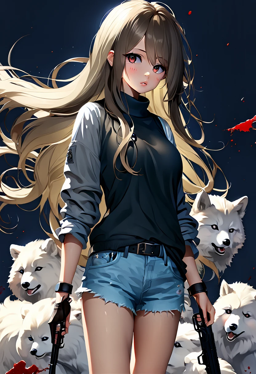 beautiful girl, full body, beautiful eyes, long thick hair, bloody revolver, fluffy animal