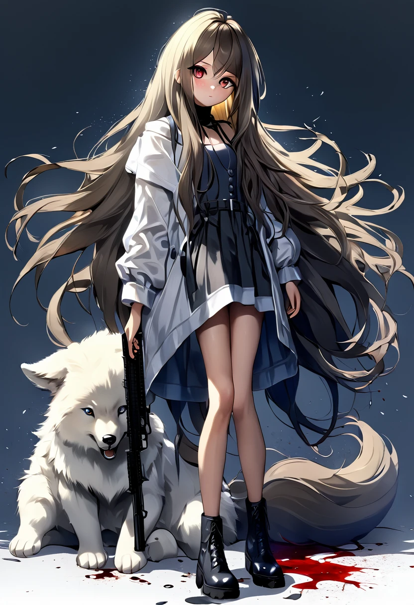 beautiful girl, full body, beautiful eyes, long thick hair, bloody revolver, fluffy animal