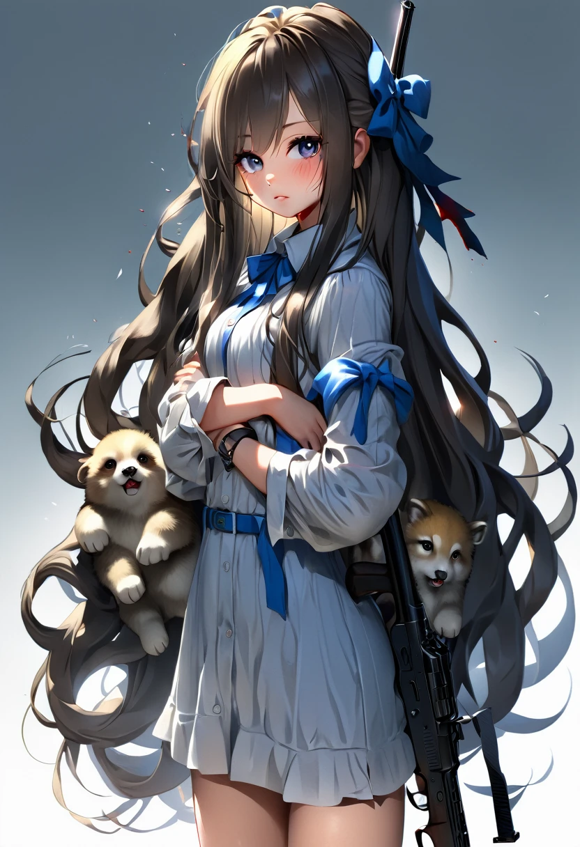 beautiful girl, full body, beautiful eyes, long thick hair, bloody revolver, fluffy animal