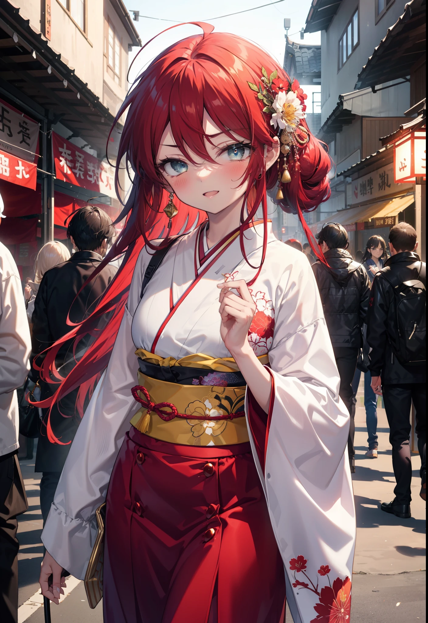 Shana,灼眼のShana,Long Hair, Red hair,Red eyes,Ahoge,smile,blush,Open your mouth,hair tied back,blush,Red Kimono,Thick sleeves,Red long skirt,日本のfestival,夏festivalの屋台,Red lantern,night,So that the whole body goes into the illustration,Walking,　　　　　　　　　　　  break looking at viewer, Upper Body (Cowboy Shot:1. 5),  　　　　　　　　　　　　　　　　　　break outdoors, shrine,festival, 　　　　　　　　　　　　　break (masterpiece:1.2), Highest quality, High resolution, unity 8k wallpaper, (shape:0.8), (Beautiful and beautiful eyes:1.6), Highly detailed face, Perfect lighting, Highly detailed CG, (Perfect hands, Perfect Anatomy),