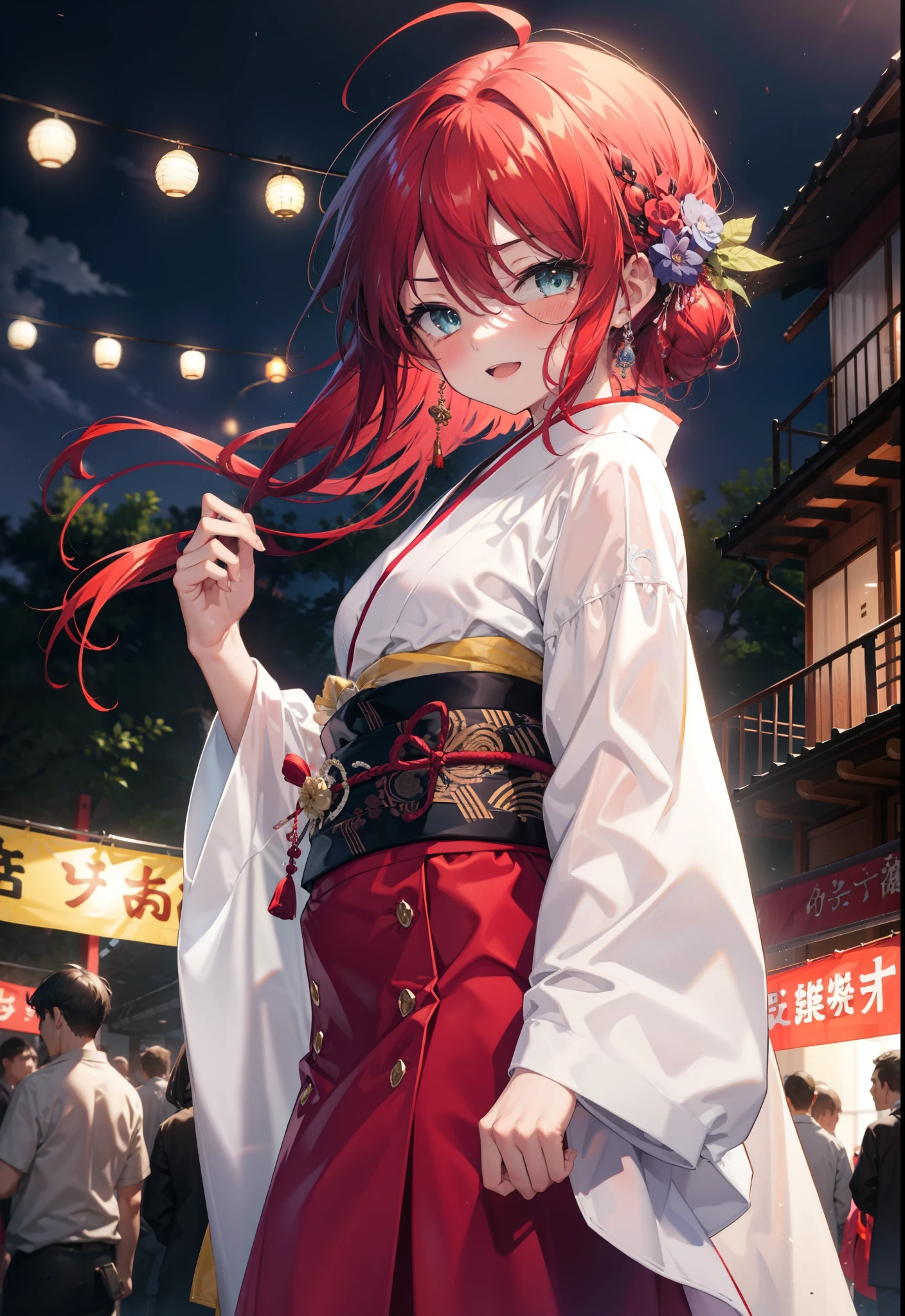 Shana,灼眼のShana,Long Hair, Red hair,Red eyes,Ahoge,smile,blush,Open your mouth,hair tied back,blush,Red Kimono,Thick sleeves,Red long skirt,日本のfestival,夏festivalの屋台,Red lantern,night,So that the whole body goes into the illustration,Walking, break looking at viewer, Upper Body (Cowboy Shot:1. 5), break outdoors, shrine,festival, break (masterpiece:1.2), Highest quality, High resolution, unity 8k wallpaper, (shape:0.8), (Beautiful and beautiful eyes:1.6), Highly detailed face, Perfect lighting, Highly detailed CG, (Perfect hands, Perfect Anatomy),