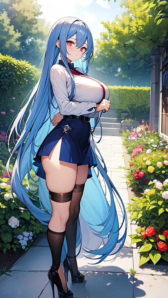 1woman, long blue hair, red eyes, curious face, white blouse under the shoulders, blue skirt, black belt, black platform heels, big breasts, big ass, garden background