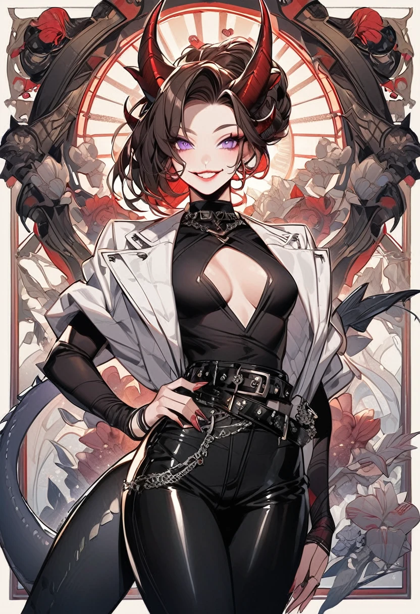 Tall woman, cheeky mad smile, brunette, hair gathered in a low bun, red and black tight clothes with open chest, purple eyes, dragon tail and horns, belts, pants, many details, light lipstick