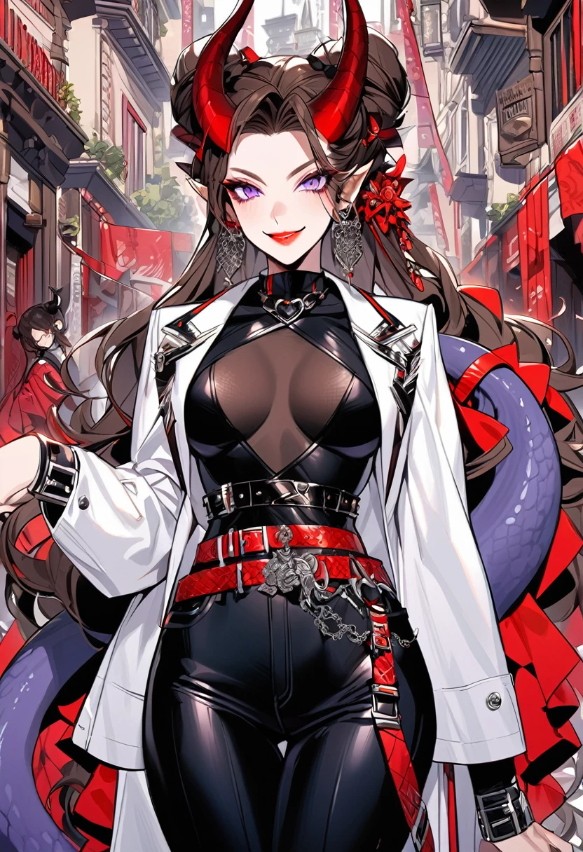 Tall woman, cheeky mad smile, brunette, hair gathered in a low bun, red and black tight clothes with open chest, purple eyes, dragon tail and horns, belts, pants, many details, light lipstick