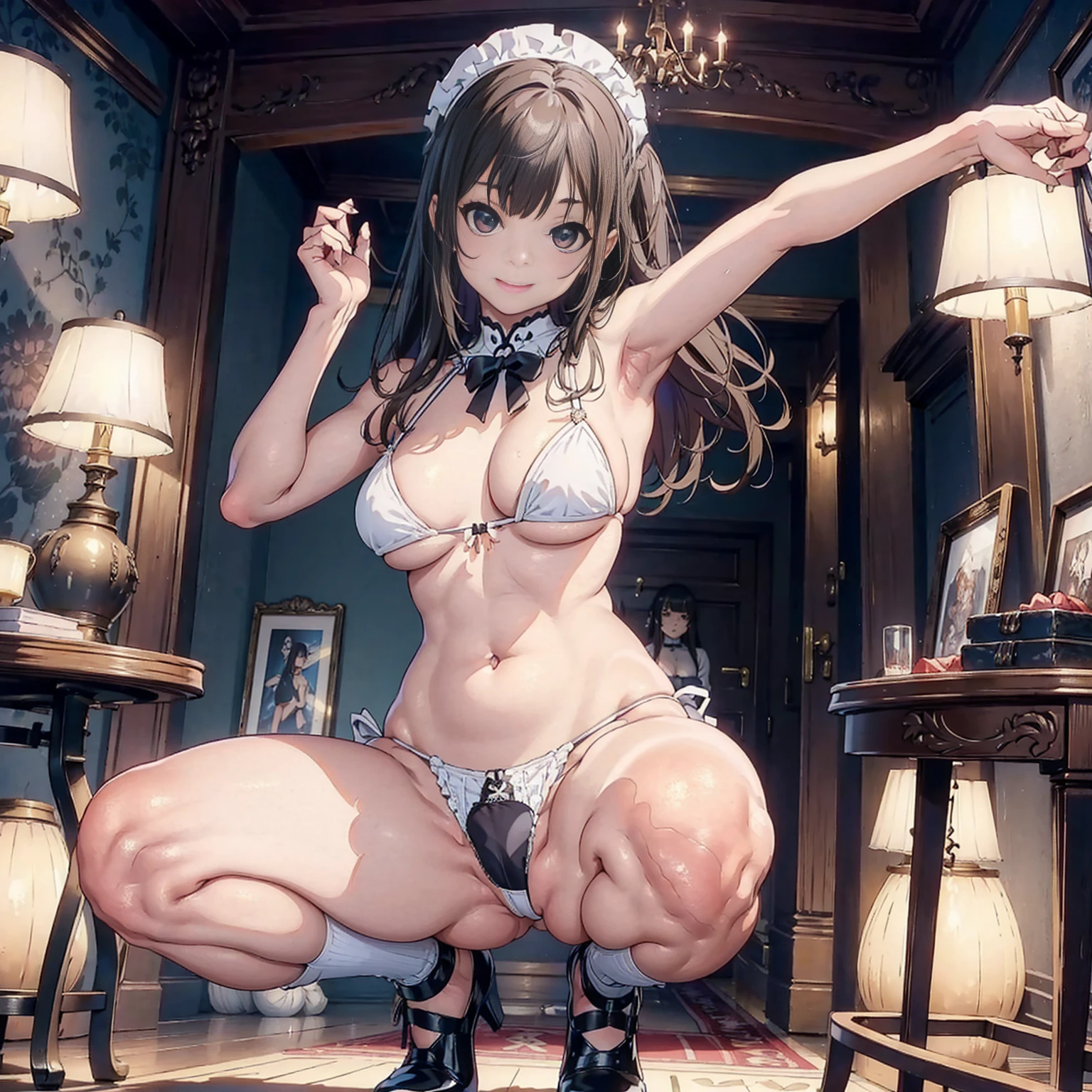 (Angle from below), Masterpiece、Highest quality、Highest quality, (long and thin legs, shoes:1.2), squat、Spread your legs with both hands、1 girl, (smile、Open your mouth大笑い:1.2), Cute eyes, (Detailed face:1.3)、Open your mouth, The whole face turns red, alone, Oversized breasts, Big and ample breasts, (Straight bangs), White maid outfit、(Bust only super micro bikini:1.2)、Side bust、Underbust、belly button、Walking through the mansion'corridor、nsfw、shoes下