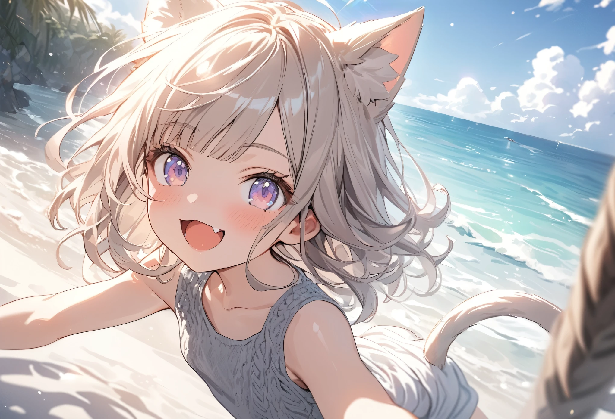 ((Masterpiece)), ((best quality)), (ultra-detailed), ((kawaii)), ((extremely detailed)), 4K, (8K), (super detail:1.2),(High Definition:1.3), (Professional Photography:1.2), cinematic lighting, (sharp focus), (perfect light), ((1girl)), ((12 years old)),8K, Glossy skin, cinematic lighting, 1girl, wide-shot, (Knit fabric tank top), (Cute innocent teenage girl), slendar body, small breast, glossy medium hair, (loose blunt bangs), ((:3)), open mouth, fang out, (grinning), beautiful collarbones, (slightly exposed shoulders), (put on Cat ears), pale brown hair, Hair that flutters in the wind, BREAK, ((best quality)), ((extremely detailed)), Spread arms wide, (Relaxing on the Zanzibar Island), ((Seaside Resorts)), sunnyday,