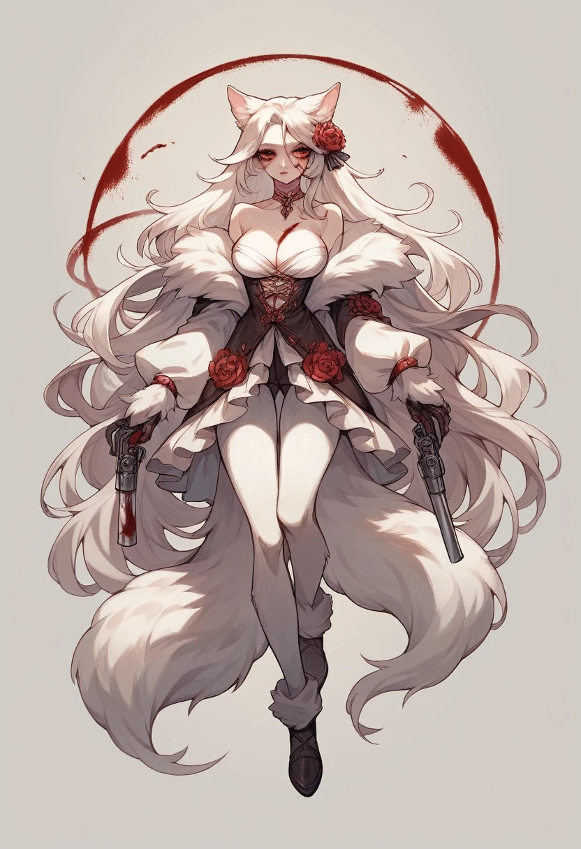 beautiful girl, full body, beautiful eyes, long thick hair, bloody revolver, fluffy animal