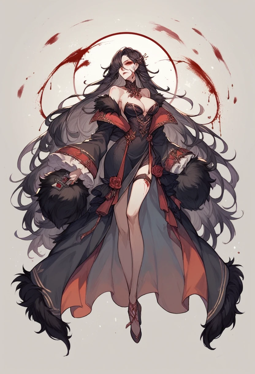 beautiful girl, full body, beautiful eyes, long thick hair, bloody revolver, fluffy animal