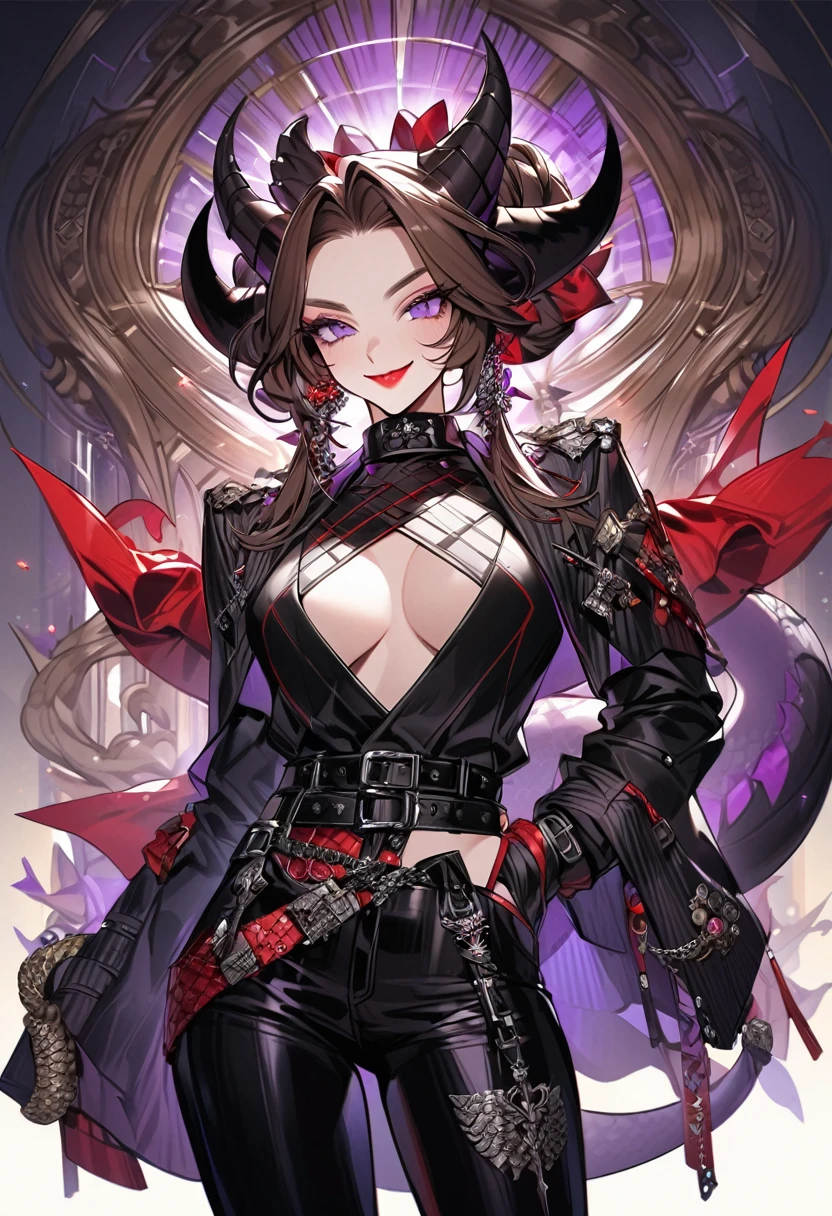 Tall woman, cheeky mad smile, brunette, hair gathered in a low bun, red and black clothes with open chest, purple eyes, dragon tail and horns, belts, pants, many details, light lipstick