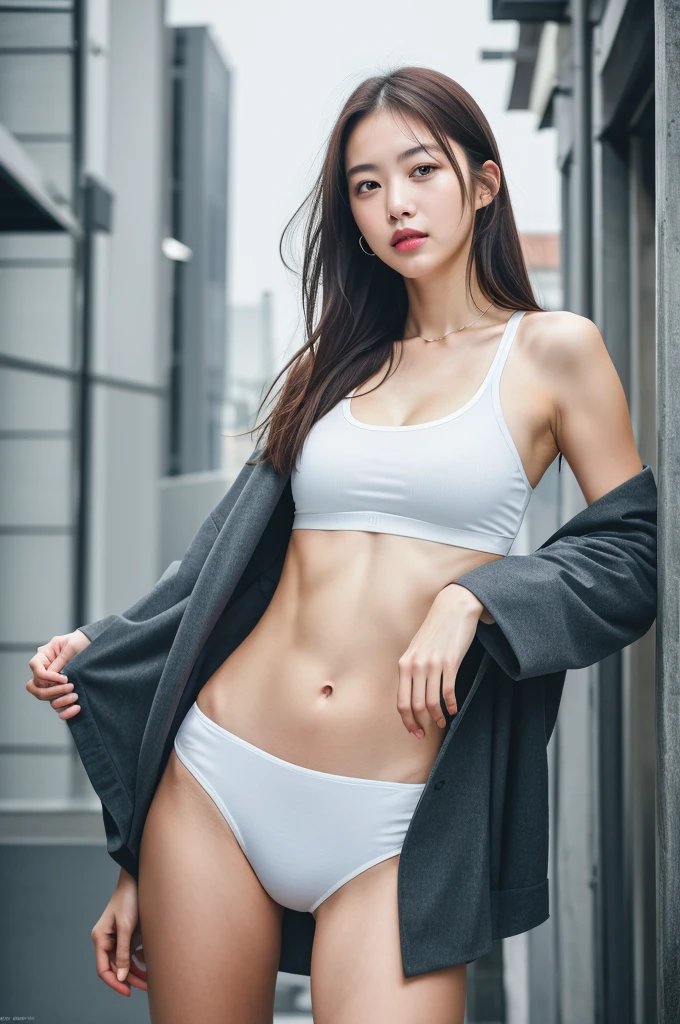You are a talented professional photographer.(8K, RAW Photos, Highest quality, masterpiece), One girl, alone,Healthy Body、See who's watching、Very short hair、A light smile、Spread your legs、Fitted Dress、Create beautiful and feminine body photos,Accurate simulation of lightweight material interactions、