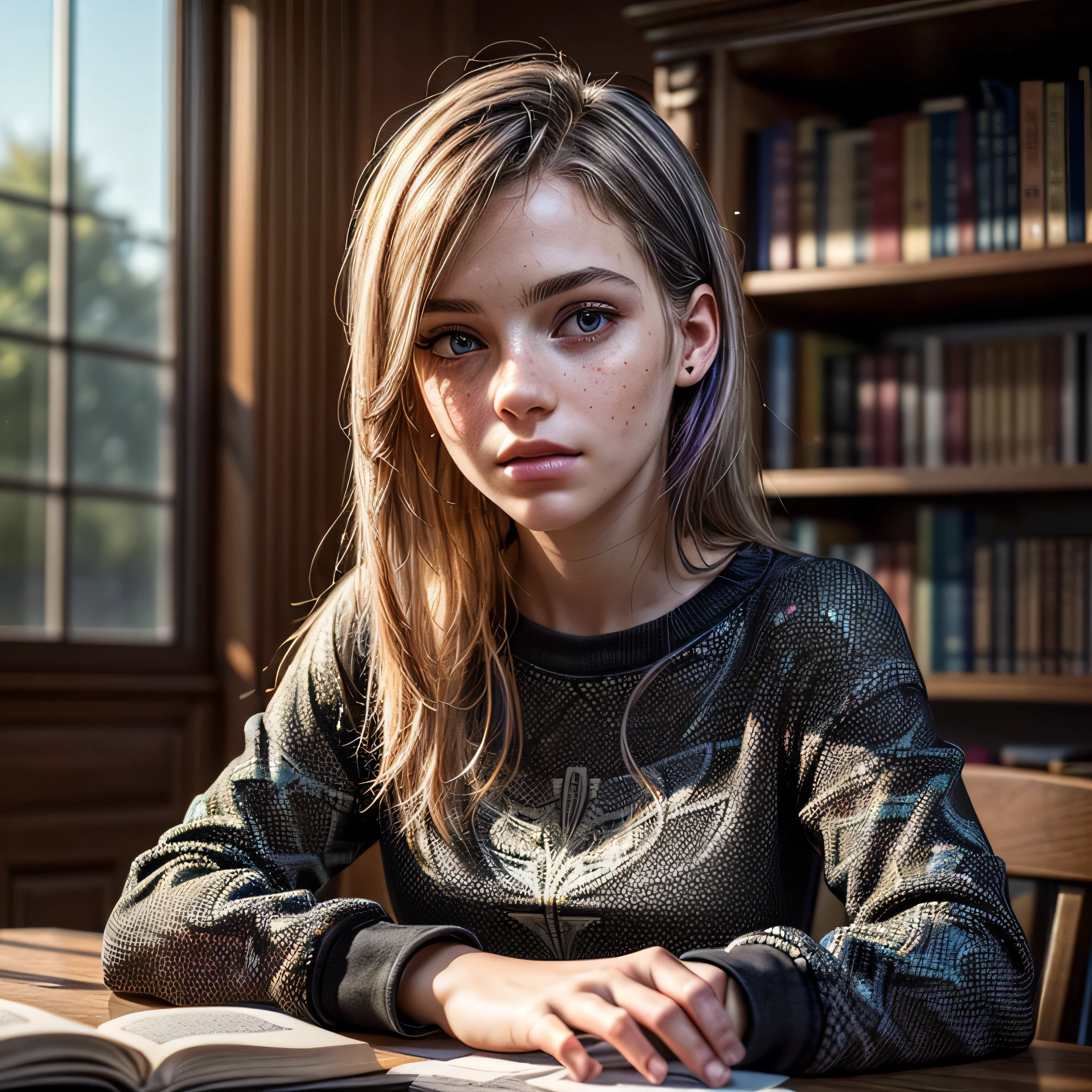 (masterpiece, photorealistic:1.4, extremely intricate:1.3), (photon mapping, radiosity, physically based rendering, ultra resolution, hyper-realistic, 8K), teenage girl [blonde hair:purple hair tips:0.5] wearing a black sweatshirt, bored, aloof, looking away, portrait, closeup, sitting at a table in the library reading a book, natural, [skin detail:freckles:0.7]