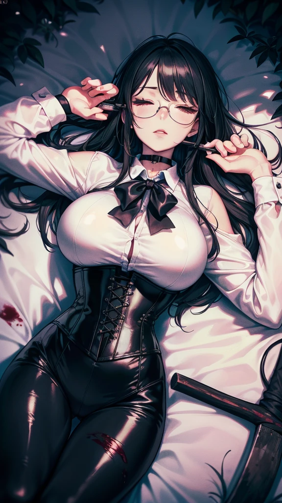 ((blood droplets)), ((blood)), ((blood splatter)), ((blood en el cuello)), ((blood on clothes)), ((blood stain)), Masterpiece, Beautiful art, professional artist, 8k, art style by sciamano240, Very detailed face, Detailed clothing, detailed fabric, 1 girl, View from above, lying completely on the ground, perfectly drawn body, neck wound spilling blood, (very big breasts), dead expression, lifeless, pale skin, beautiful face, long black hair, Closed eyes, pink cheeks, glasses, choker:1.6, (white collar button down long sleeve shirt), black gloves, gloves that cover hands, (holding an ax in his right hand), (black leather corset), (shiny black leggings), Sensual Lips , evening de invierno, Dark road, dark forest, evening, Atmosphere, fog