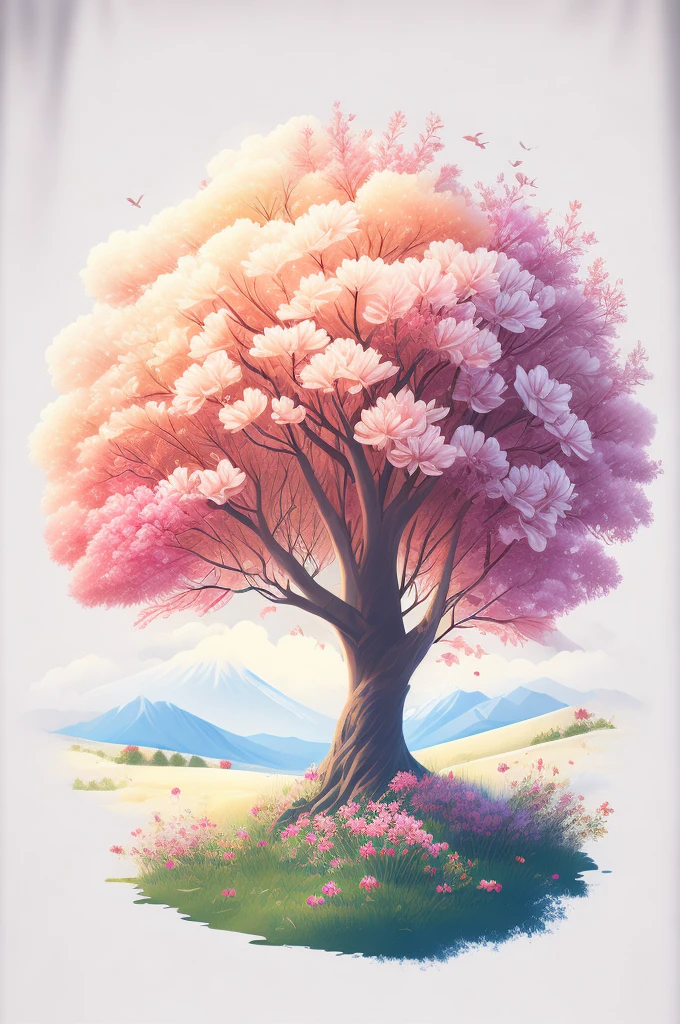 A t-shirt with a flowering tree in a spring landscape, t shirt design, rzminjornada, vectorial art