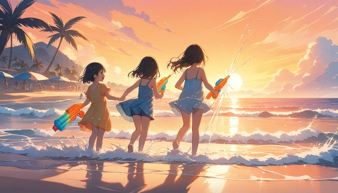 ((Masterpiece)), ((Best Quality)), (Very Detailed), ((Very Detailed)), 4K, (8K), very aesthetic, absurdres highres, ((Masterpiece)), ((Best Quality)), (Very Detailed), ((Very Detailed)), 4K, (8K), very aesthetic, absurdres highres, Draw children playing on the beach at sunset. They are holding colorful water guns and spraying water on each other with smiles on their faces. The orange sky stretches out in the background, and the beautiful light of the setting sun reflects on the sandy beach. The waves are gently lapping and you can see palm trees and beach umbrellas in the distance. The happy faces of the children and the splashing water create a lively scene.