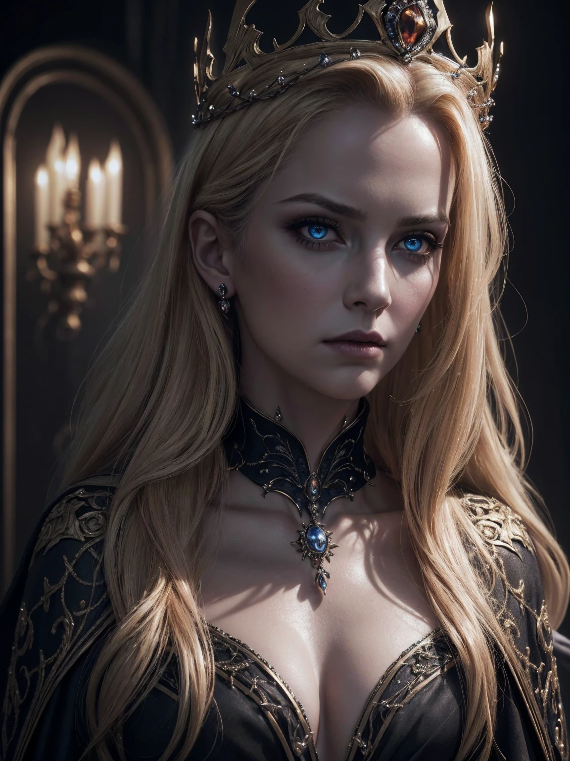 (best quality,4k,8k,highres,masterpiece:1.2),ultra-detailed,(realistic,photorealistic,photo-realistic:1.37),evil queen,blonde woman,intricate crown,dramatic lighting,dark fantasy,chiaroscuro,porcelain skin,piercing eyes,regal pose,flowing cape,dark colors,moody atmosphere,sinister expression
