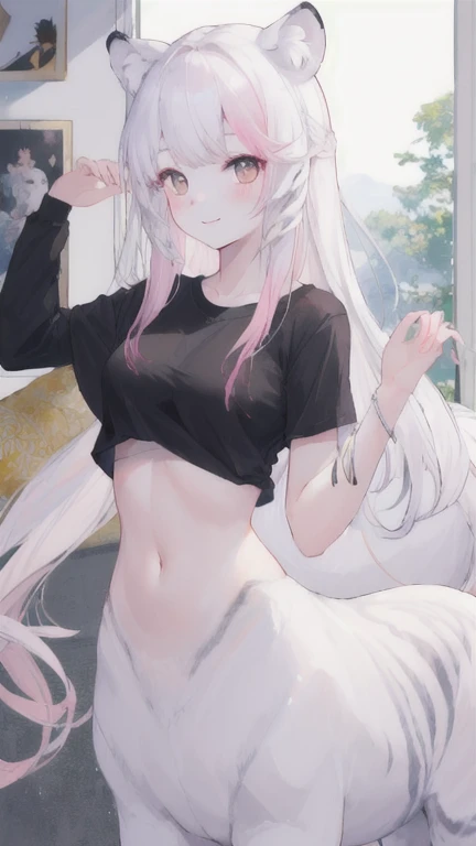 (best quality, masterpiece), 1 girl, centaur, It takes, White skin, Korean ,((23 year old girl)), black pink,Smiling, exposing the abdomen, belly button t-shirt , 아름다운 소녀 perfect white tiger photo, perfect white tiger photo