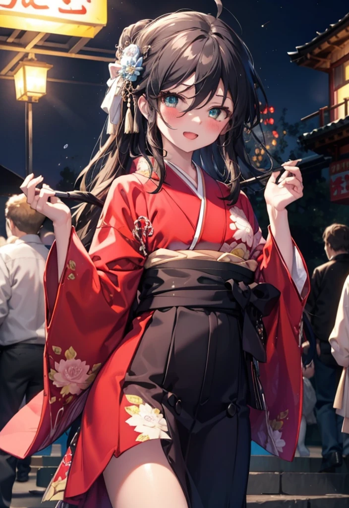 Shana,灼眼のShana,Long Hair, Red hair,Red eyes,Ahoge,smile,blush,Open your mouth,hair tied back,blush,Red Kimono,Thick sleeves,Red long skirt,日本のfestival,夏festivalの屋台,Red lantern,night,So that the whole body goes into the illustration,Walking,　　　　　　　　　　　  break looking at viewer, Upper Body (Cowboy Shot:1. 5),  　　　　　　　　　　　　　　　　　　break outdoors, shrine,festival, 　　　　　　　　　　　　　break (masterpiece:1.2), Highest quality, High resolution, unity 8k wallpaper, (shape:0.8), (Beautiful and beautiful eyes:1.6), Highly detailed face, Perfect lighting, Highly detailed CG, (Perfect hands, Perfect Anatomy),