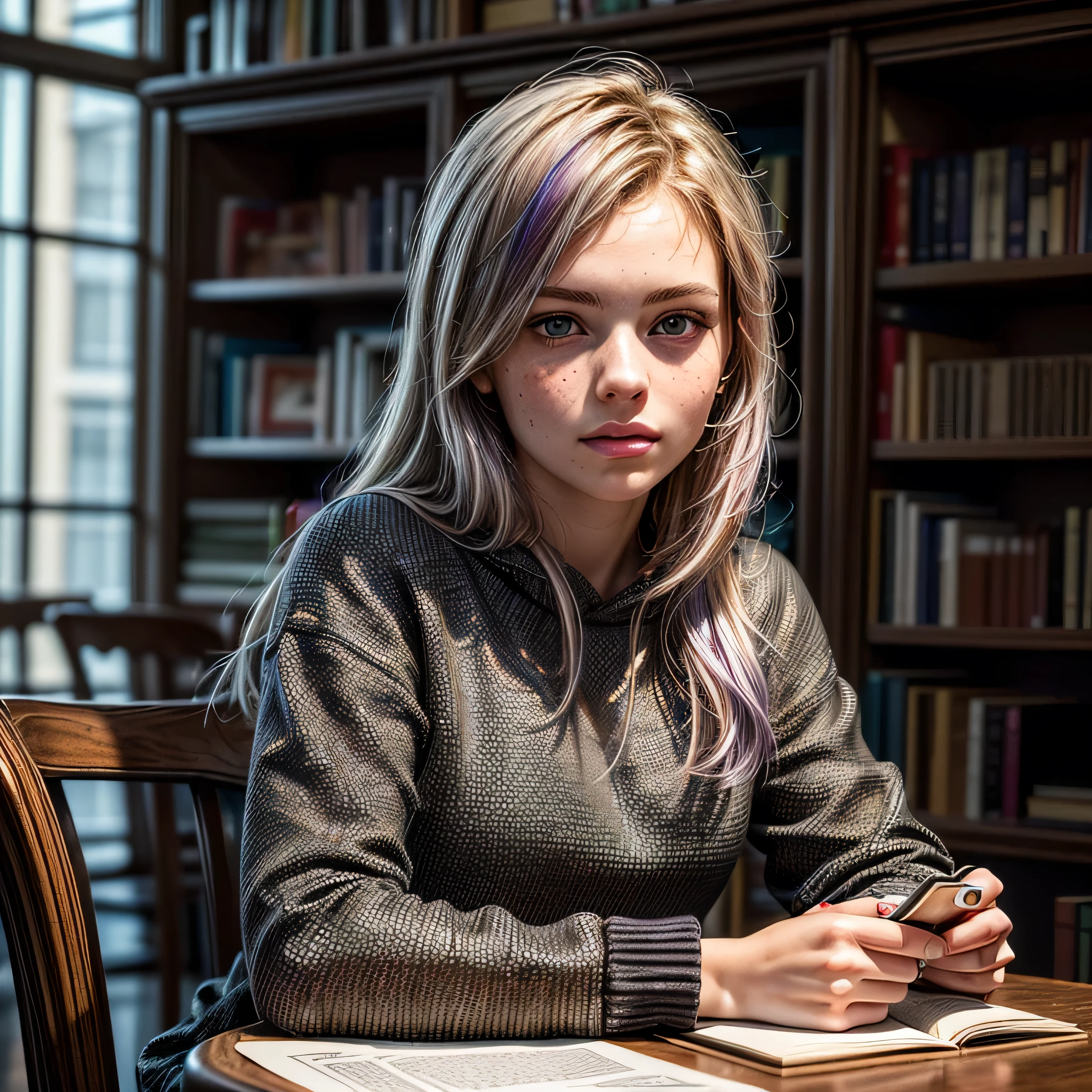 (masterpiece, photorealistic:1.4, extremely intricate:1.3), (photon mapping, radiosity, physically based rendering, ultra resolution, hyper-realistic, 8K), teenage girl [blonde hair:purple hair tips:0.5] wearing a black sweatshirt, bored, aloof, looking away, portrait, closeup, sitting at a table in the library reading a book, natural, [skin detail:freckles:0.7]